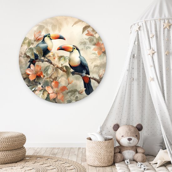 WallCircle - Wandcirkel 120x120 - Toekan - Vogels - Bloemen - Tak - Ronde schilderijen woonkamer - Wandbord rond - Muurdecoratie cirkel - Kamer decoratie binnen - Wanddecoratie muurcirkel - Woonaccessoires XXL