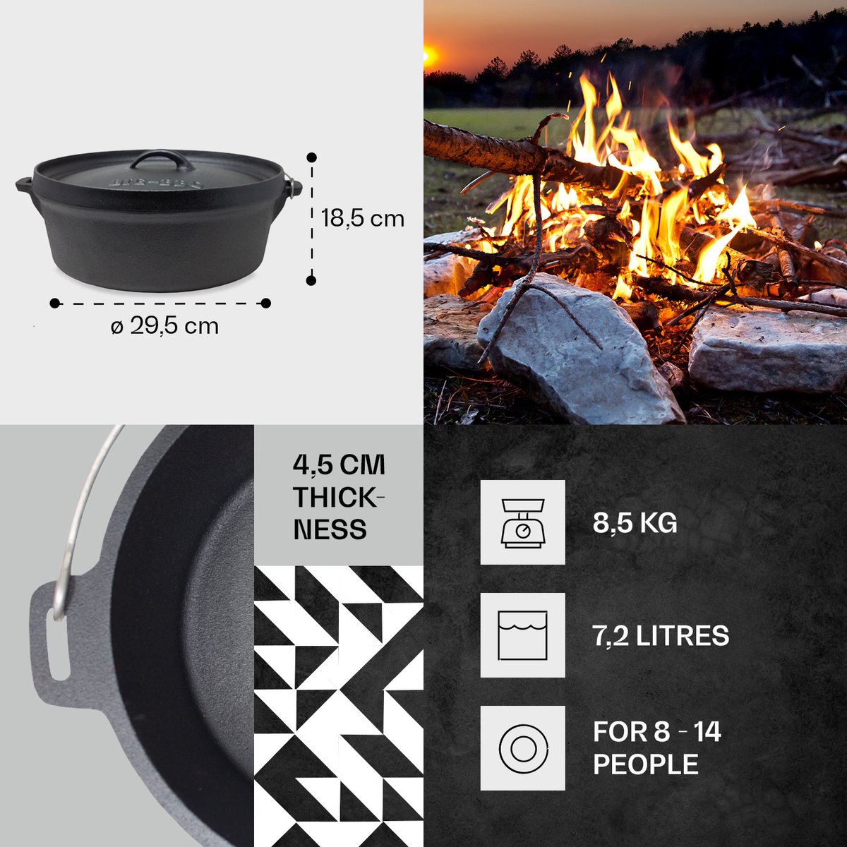 VALHAL Dutch Oven braadpan gietijzer met pootjes outdoor 12 L zwart kopen