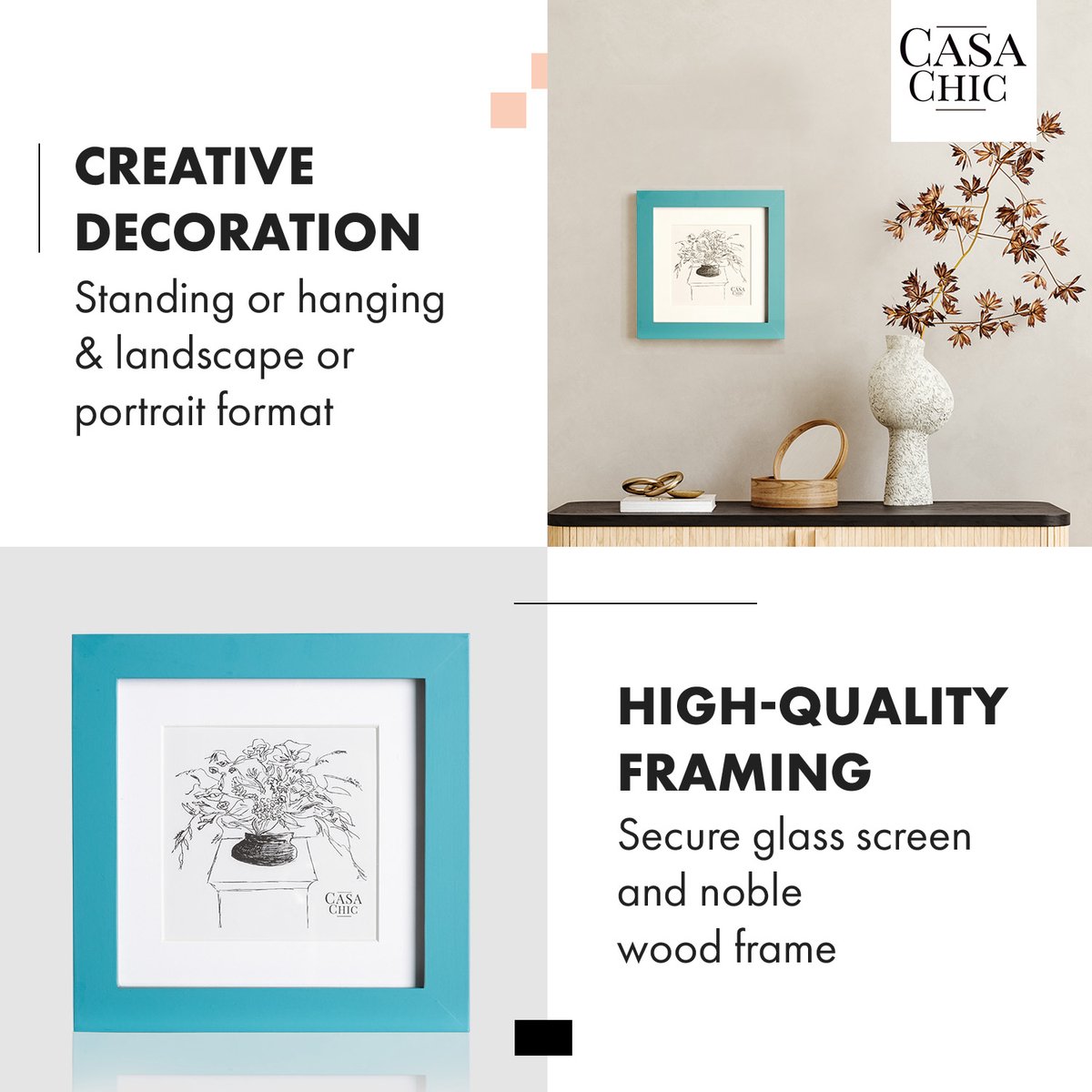 Casa Chic Fotolijst van hout, Fotolijst voor collage, Echtglas fotolijst 15 x 15 cm groot, Lijst staand of voor de wand, Verticaal en horizontaal gebruik, Grote passe-partout Turquoise