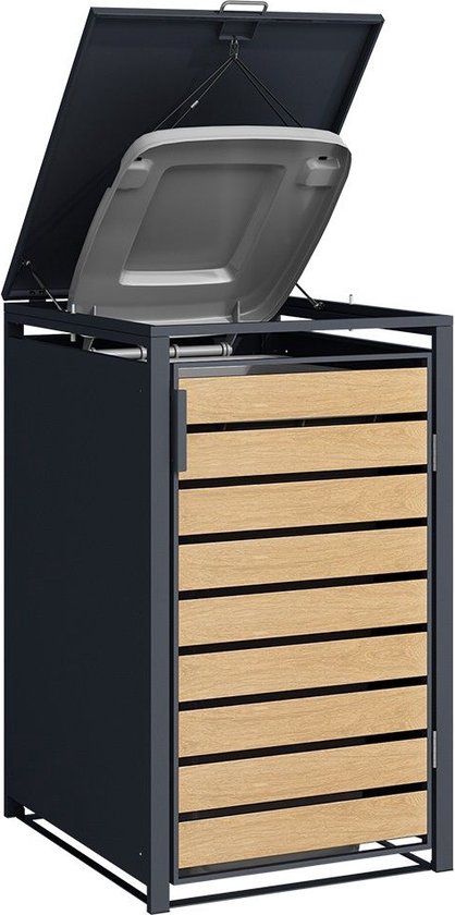 Zwarte kliko ombouw met houtlook front, open klapdeksel en grijze binnenbak.