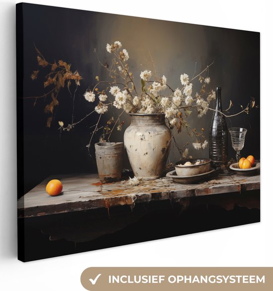 Canvas schilderij 120x90 cm - Stilleven met bloemen - Kamer decoratie accessoires - Schilderijen woonkamer - Wanddecoratie slaapkamer - Muurdecoratie keuken - Wanddoek interieur binnen - Woondecoratie huis - Bloemen schilderij