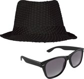 Toppers - Carnaval verkleed set compleet - hoedje en zonnebril - zwart - heren/dames - glimmend - verkleedkleding