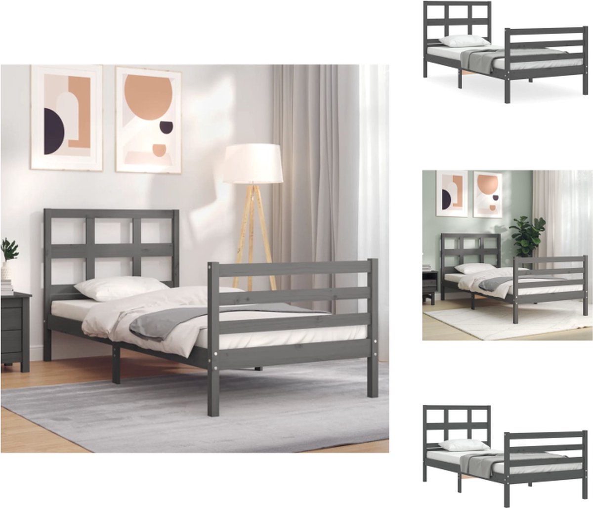 VidaXL Bedframe Massief grenenhout Lattenbodem Grijs 205.5 x 105.5 x 100 cm Bed