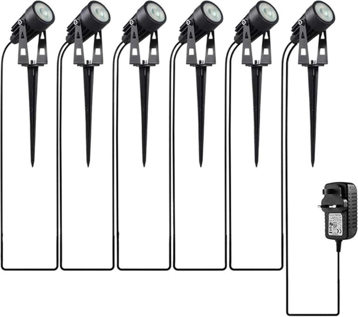 Lichtendirect-Tuinverlichting-Prikstok- 15Meter- 6x LED Spots- Warm wit- Tuinspot -Waterdicht – Kantelbaar- Lantaarn- Buitenlamp- Wandlamp- Tuinlantaarn-Led buitenverlichting