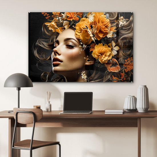 Peinture sur verre 120x80 cm - Femme fleurs - Photo sur verre - Tableau salon portrait - Tableaux plexiglas chambre - Décoration chambre plaque de verre - Décoration Décoration murale peintures sur verre - Décoration murale colorée