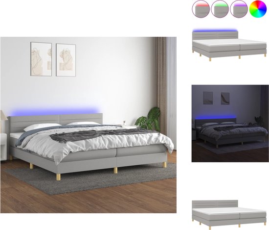 vidaXL Boxspring Bed - Kleur- lichtgrijs - Afmetingen- 203 x 200 x 78/88 cm - LED-verlichting - Pocketvering matras - Huidvriendelijk topmatras - Bed