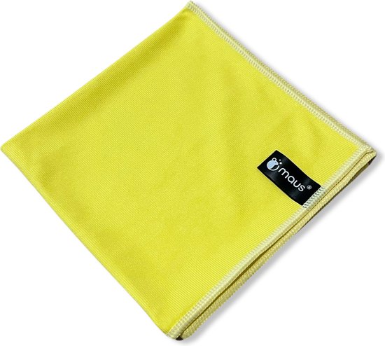 Un chiffon microfibre jaune plié avec logo Maus sur fond blanc.
