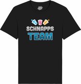 Schnapps Team - Grappige Apres Ski Wintersport Kleding - Mannen / Vrouwen / Unisex - Foute Ski en Snowboard Vakantie Outfit Cadeau - Unisex T-Shirt - Zwart - Maat M