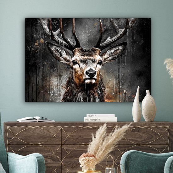 Tableau toile 120x80 cm - Cerf noir - Accessoires décoration chambre - Peintures salon tête de cerf - Décoration murale tête d'animal chambre - Décoration murale cuisine - Toile murale intérieur - Décoration maison