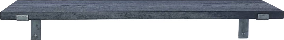 GoudmetHout® Wandplank Industrieel - 220 x 25 cm Muurplank - Zwart Eiken Hout - Decoratie Wandrek & Boekenrek - Hangplank Keuken - Wall Shelf + 2 Plankdragers van Ruw Staal