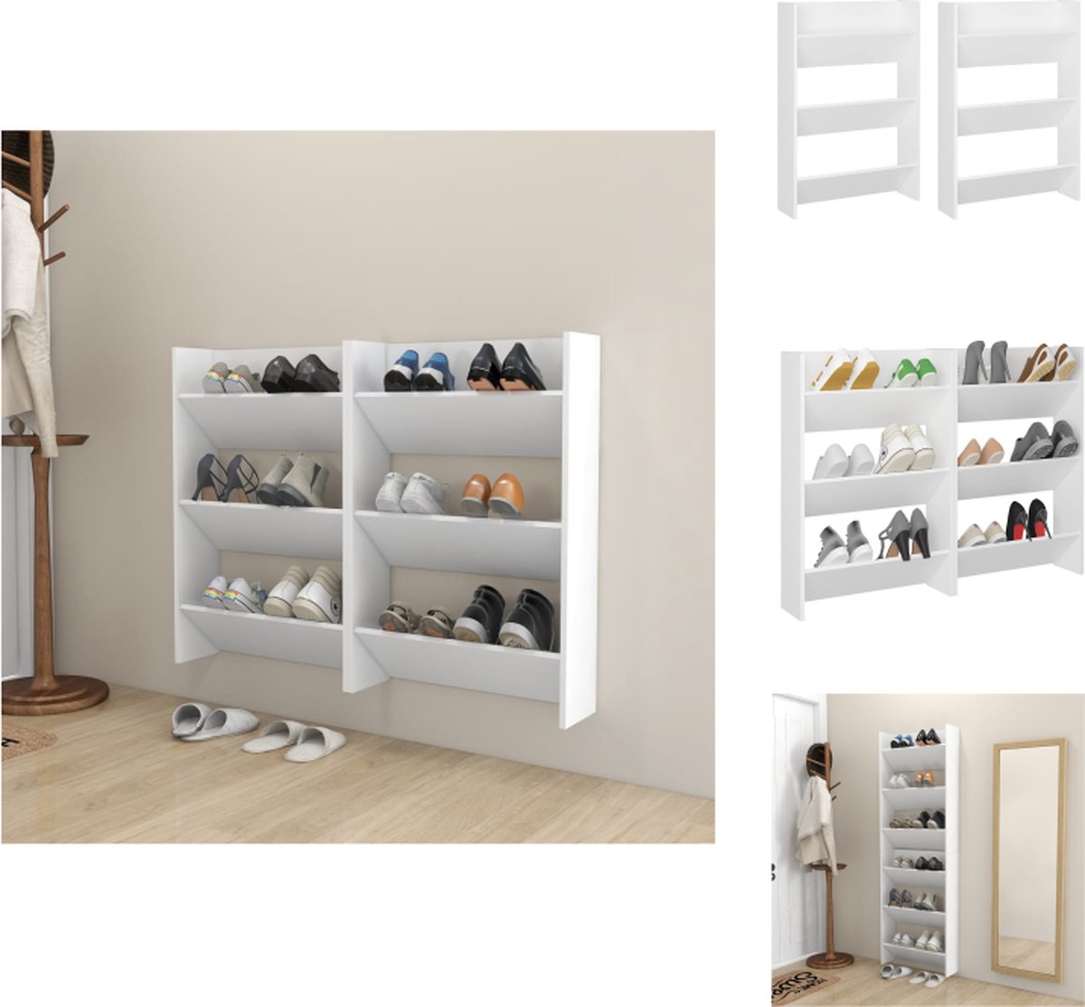 VidaXL Schoenenkast 60 x 18 x 90 cm wit 3 schuine schappen Schoenenkast