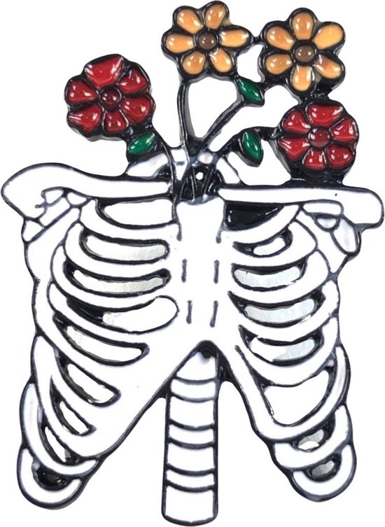 Pin's squelette avec Fleurs en émail 3,5 x 2,6 cm