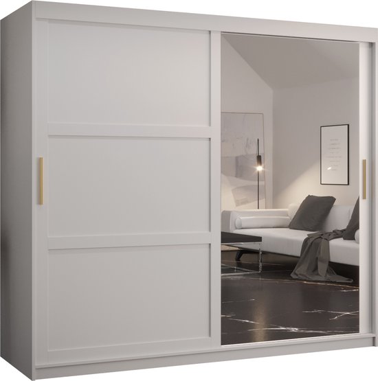 Armoire à portes coulissantes avec miroir Armoire à 2 portes coulissantes Armoire armoire de chambre Tringle à vêtements avec étagères (LxHxP) : 200x200x60 cm - Rumble II (Wit, 200)