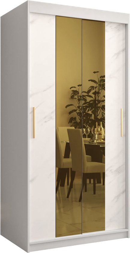 Zweefdeurkast met spiegel Kledingkast met 3 schuifdeuren Garderobekast slaapkamerkast Kledingstang met planken (LxHxP): 100x200x62 cm - Denlo T1 (Wit, 100) met lades