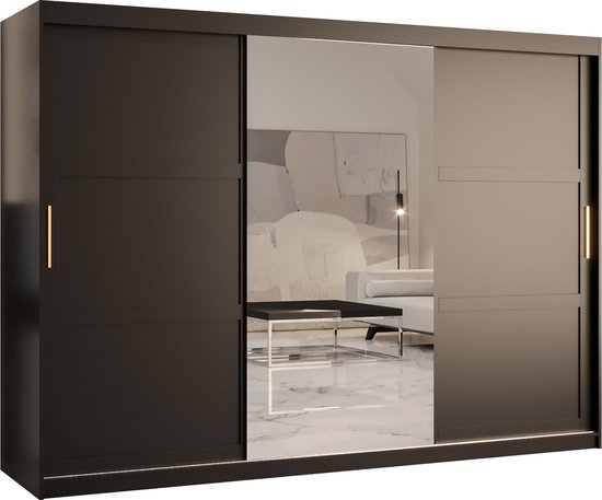 Zweefdeurkast met spiegel Kledingkast met 3 schuifdeuren Garderobekast slaapkamerkast Kledingstang met planken (LxHxP): 250x200x60 cm - Rumble II (Zwart, 250) met lades