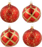 Feestelijk, Rode, Kerstballen met Gouden Ruitennet en Gouden Glitter Strikjes - Doosje van vier kerstballen van 8 cm