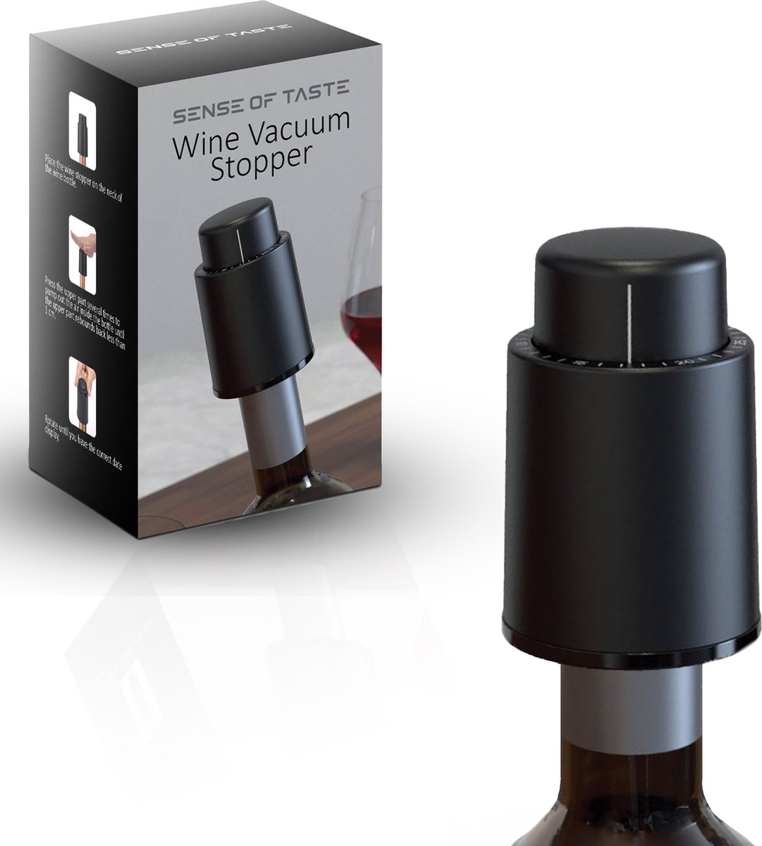 Sense of Taste Wijnstopper - Wijn Vacuumpomp - RVS - Flessenstop - Wijnafsluiter - Zwart - Sense of Taste
