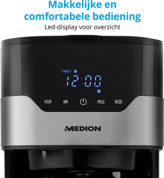 MEDION MD 18458 - Cafetière filtre programmable avec carafe isotherme - 900 Watt - 1,2 Litres - Argent