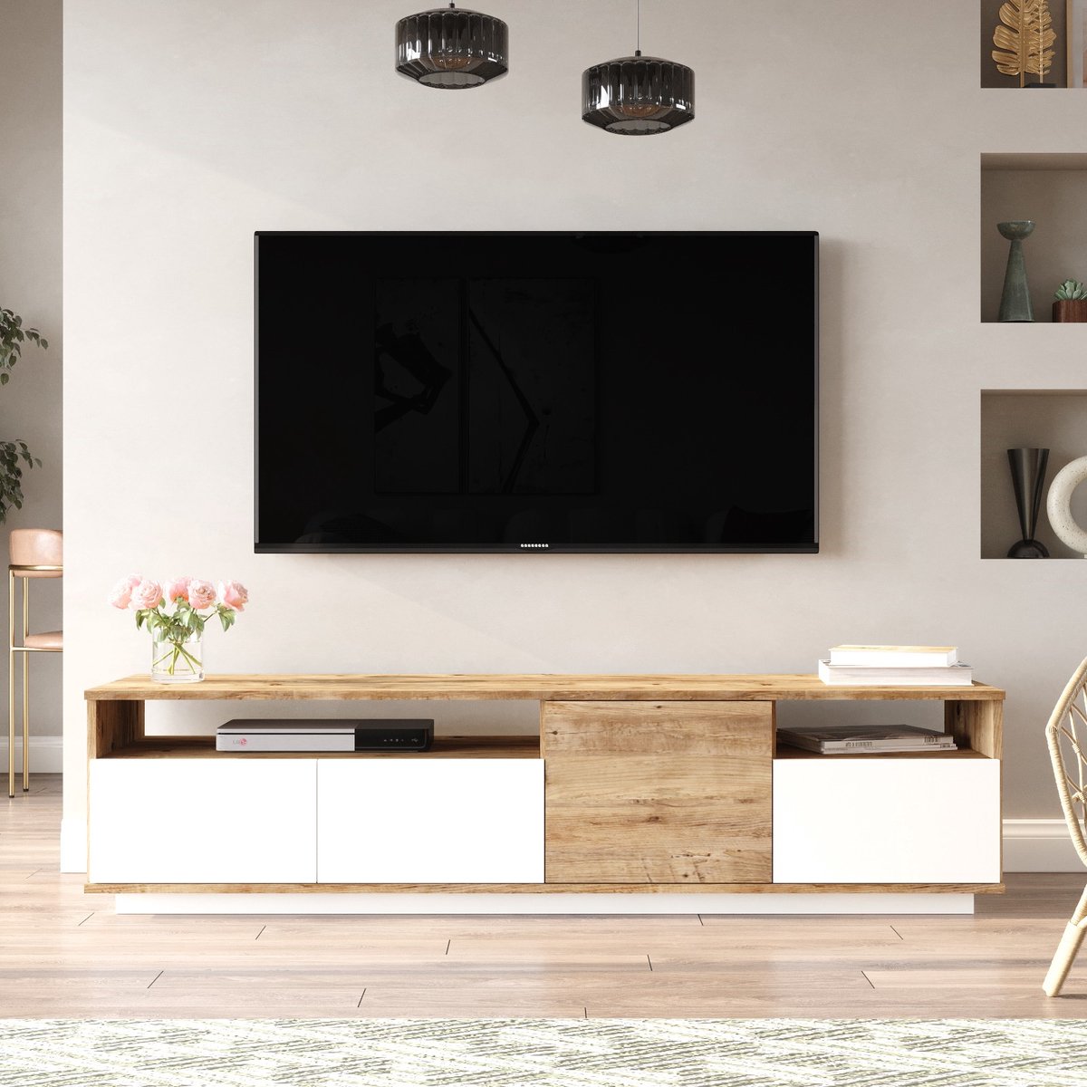 Meuble TV moderne - mélaminé, 160 cm de largeur, Atlantic Pine White -  Emob