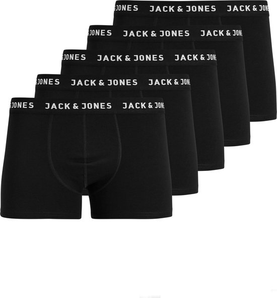 Set van vijf zwarte Jack & Jones trunks met witte logo's op de band.