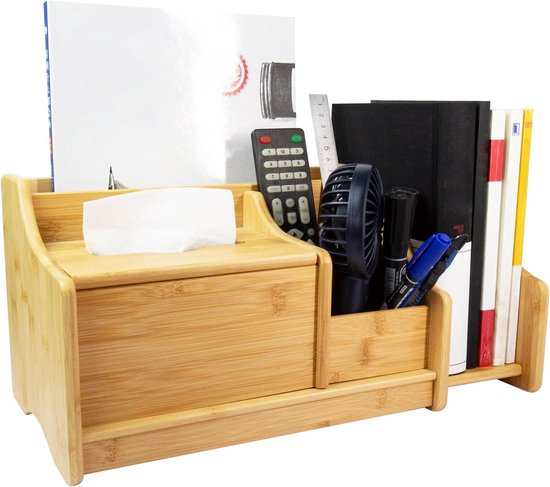 360° draaibare bureau-organizer van bamboe, pennenhouder hout met handvat, tafelorganizer, 6 extra grote vakken als bureau-organizer, make-uporganizer, pennenhouder voor kinderen (geschikt voor 400
