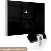 MuchoWow® Glasschilderij 90x60 cm - Schilderij acrylglas - Vrouw - Goud - Zwart - Line art - Foto op glas - Schilderijen