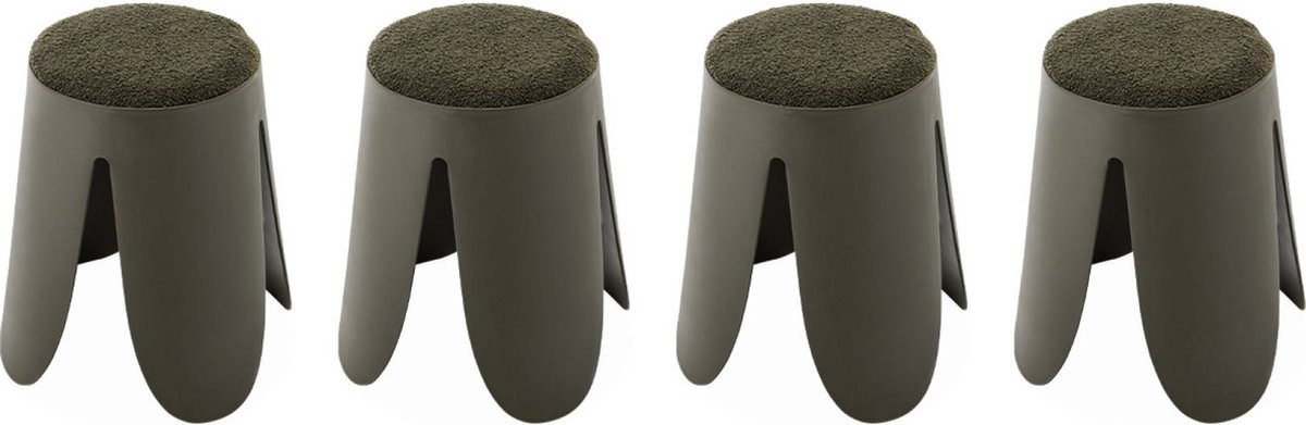 sweeek Set van 4 stapelkrukken, boucléstof niki ø30 / 44 x h46cm donker kaki