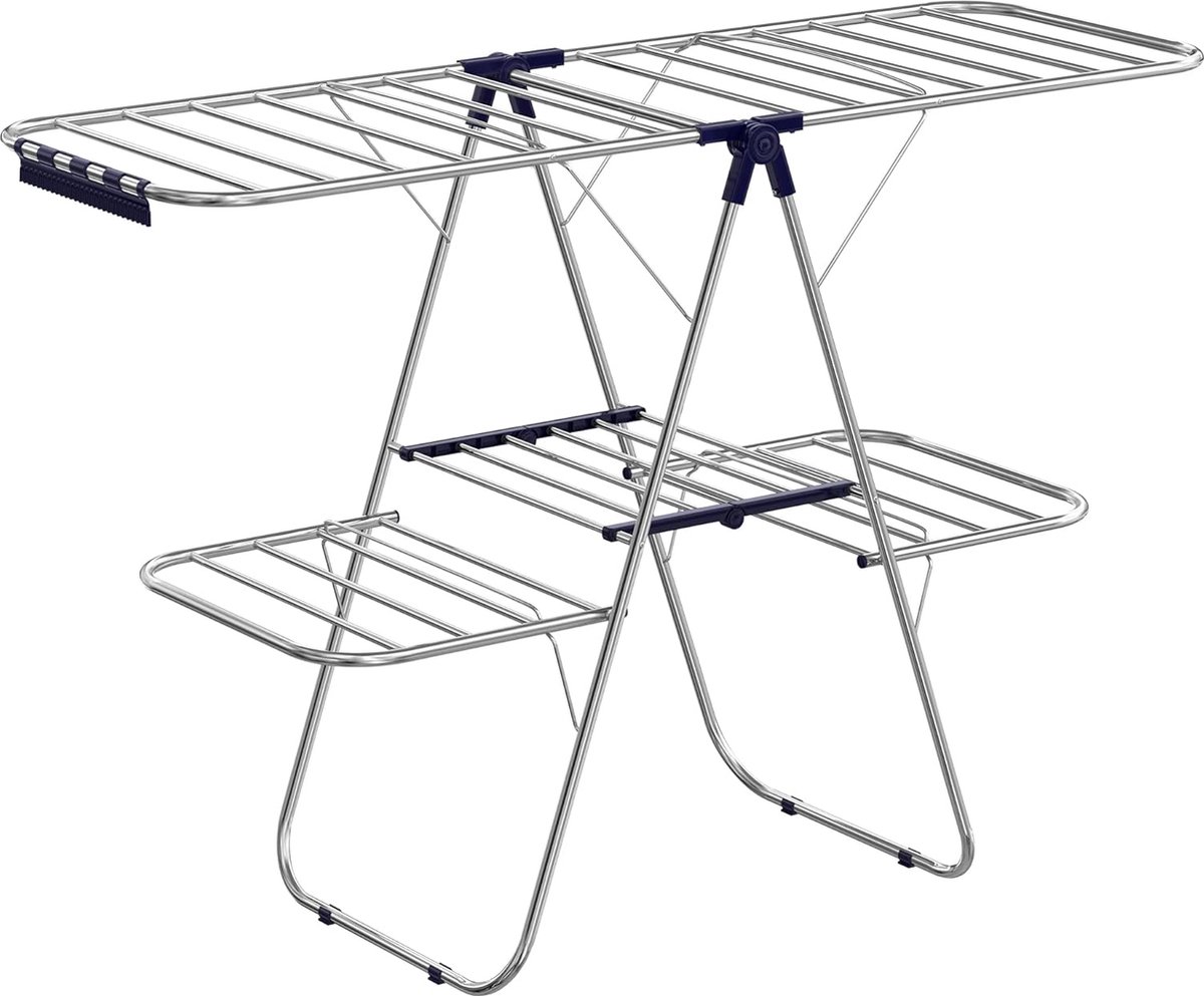 Droogrek - Wasrek - kledingrek van roestvrij staal, wasdroger met in hoogte verstelbare vleugels, vleugel kledingrek met 2 niveaus, voor sokken, bedlinnen, kleding, opvouwbaar, balkon, stal, blauw