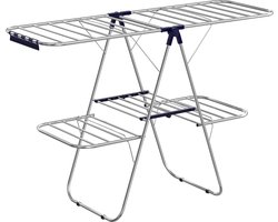 Droogrek - Wasrek - kledingrek van roestvrij staal, wasdroger met in hoogte verstelbare vleugels, vleugel kledingrek met 2 niveaus, voor sokken, bedlinnen, kleding, opvouwbaar, balkon, stal, blauw