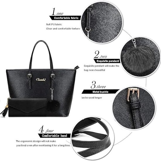 BestoU Handtassen Voor Dames Zwart Grote Lederen Portemonnees Voor Vrouwen Tote Messenger Schouder Crossbody Tas Set Inclusief Een Purse, Zwart, L, Totes