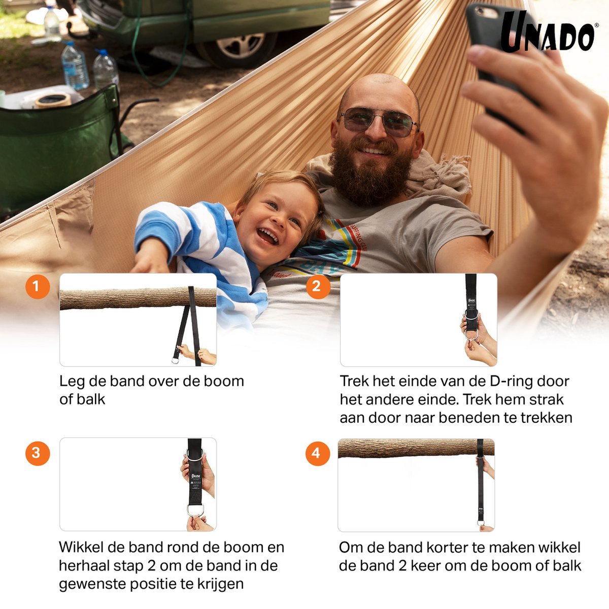 Unado Ophang Koord Voor Hangmat, Hangstoel / Schommel - Hangmat Bevestigingsset Inclusief Haken - Karabijnhaak - Hangmat Standaard -Schommelophangset - Hangmat Ophangsysteem -150cm - Tot 1000kg - Boomvriendelijke Hangmat Ophangset - Set Van 2Stuks — afbeelding 6