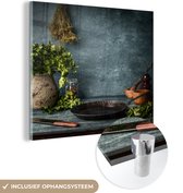MuchoWow® Glasschilderij 90x90 cm - Schilderij acrylglas - Kruiden - Specerijen - Pan - Mes - Grijs - Rustiek - Foto op glas - Schilderijen