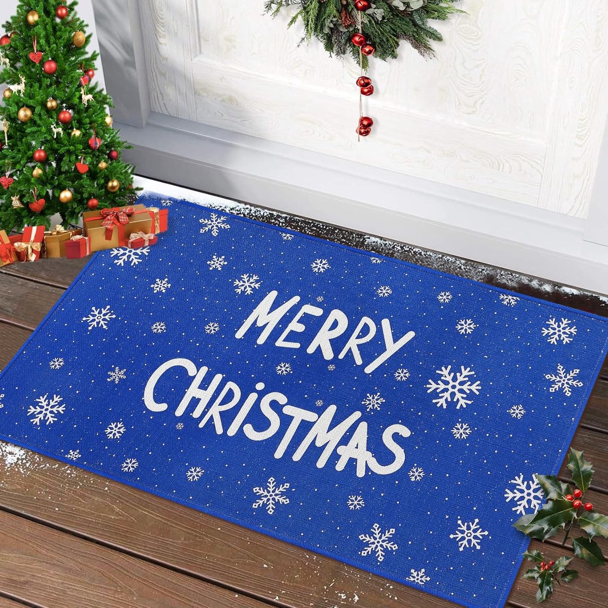 Kerst Deurmat Voormat Buitendeurmat Bedrukte Deurmat Antislip Wasbare Badmat Rubberen Achterkant Kerst Woonkamer Decoratie Wit "Vrolijk Kerstfeest" 40 x 60 cm Blauw