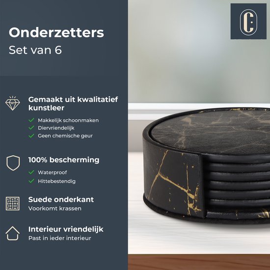 Sous-verres en cuir Castagnola avec support - Sous-verres de verre pour Verres - Design de Sous-verres - Ensemble de sous-verres - Sous-verres de verre - Cuir - Sous-verres en cuir - Set de 6 - Zwart/ Or