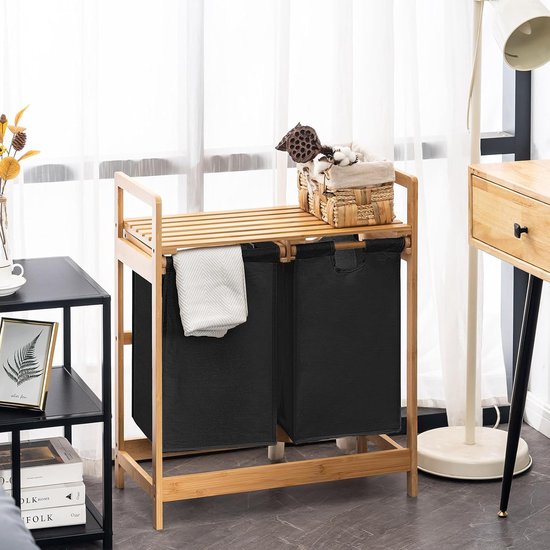 Wasmand met 3 compartimenten en verwijderbare zakken van bamboe en wit