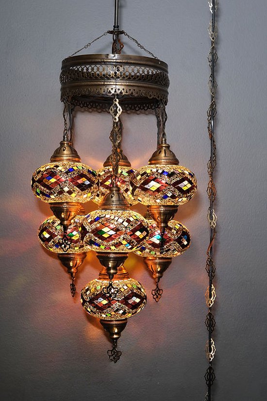 Lampe suspendue turque en mosaïque de verre marron à 7 globes, lustre oriental