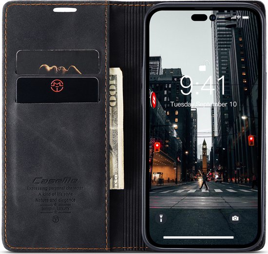 CaseMe - Étui de téléphone adapté à Apple iPhone 15 Pro - Étui portefeuille - Avec fermeture magnétique - Zwart