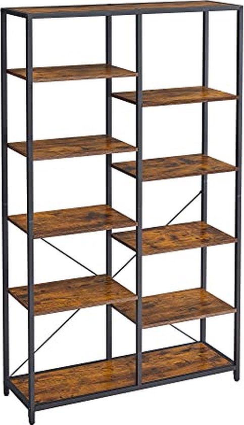 VASAGLE Boekenkast met 10 vakken, staande plank, opbergplank voor woonkamer, kantoor, slaapkamer, studeerkamer, industriële stijl, kamerverdeler, vintage bruin LBC168K01