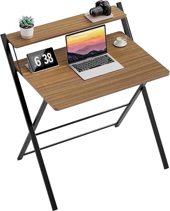 GreenForest Small Folding Computer Desk with Shelf, No Assembly Required, 75 x 52 cm Desk for Home Office, Small Work Table, Brown