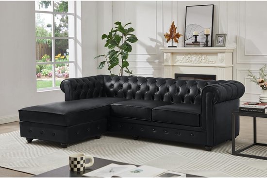 Canapé d'angle Chesterfield avec coin gauche en cuir noir TOLEDO L 228 cm x H 72 cm x P 163 cm