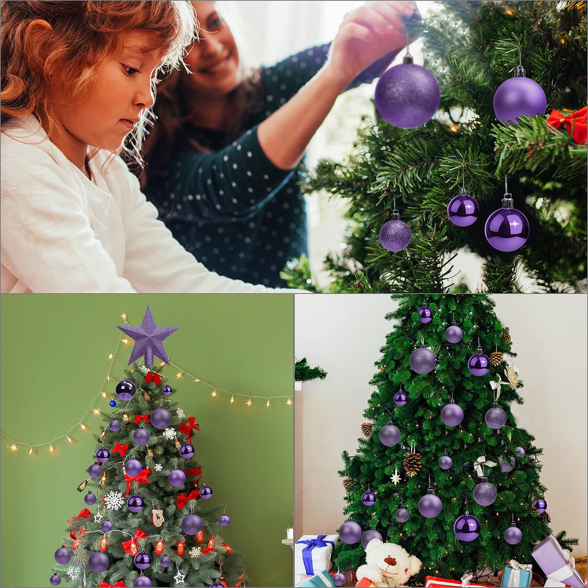 Belle Vous Kerstballen lila met ster (50 stuks) glanzende dennenbal