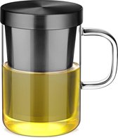 Tasse en verre de 500 ml (pleine capacité) avec passoire et couvercle en acier inoxydable noir, verre à thé, tasse à thé en verre borosilicate.
