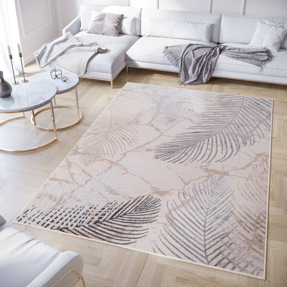 Tapiso Crystal Vloerkleed Beige Grijs Bladeren Modern Tapijt Maat- 80x150