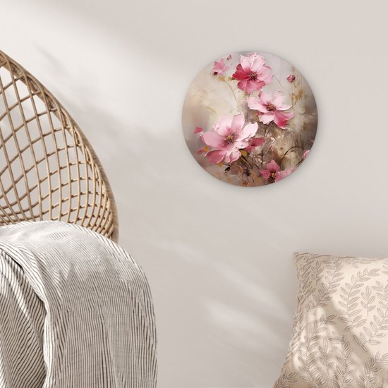 WallCircle - Wandcirkel bloemen olieverf 30x30 cm - Roze ronde schilderijen woonkamer - Wandbord kleurrijk rond - Muurdecoratie abstracte kunst - Kamer accessoires binnen - Roze decoratie - Wanddecoratie muurcirkel - Woonaccessoires