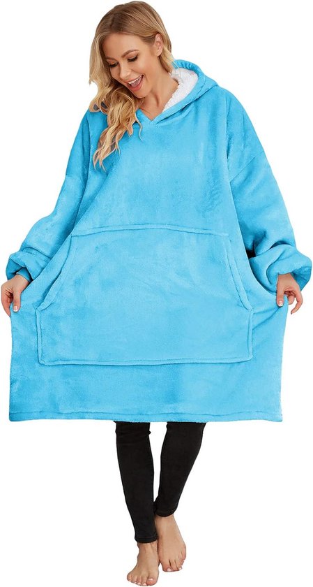 Oversized sweatshirt blanket, unisex Sherpa hooded blanket, portable cuddly blanket with sleeves and pocket. - blue