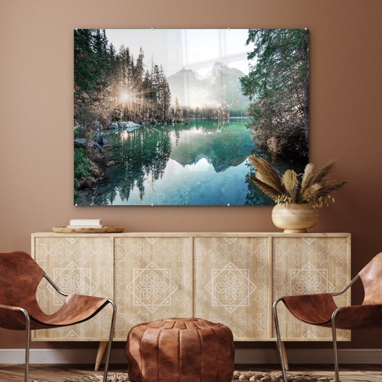 MuchoWow® Peinture sur verre 120x90 cm - Peinture sur verre acrylique - Nature - Arbres - Montagnes - Lac - Photo sur verre - Peintures