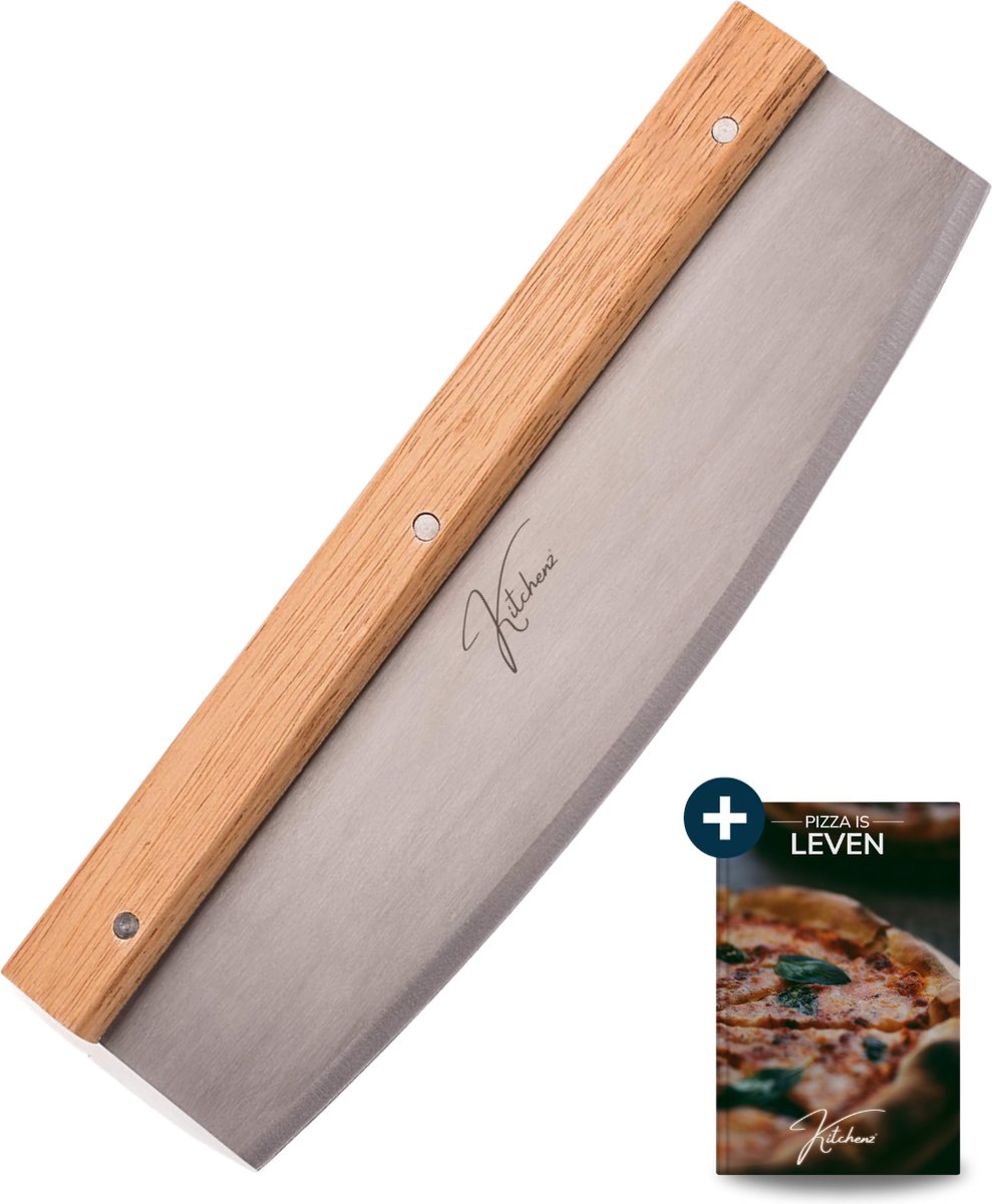 Pizzasnijder - Pizzames - Wiegmes - Houten Handvat - RVS - Hout - Wiegmes - 31 x 10,5 cm - Inclusief gratis E-Book