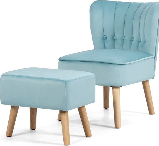 Relaxstoel met kruk, geblokte oorstoel, fluwelen stoel in retrostijl, zachte gestoffeerde stoel met massief houten poten, loungestoel voor slaapkamer, woonkamer en kantoor