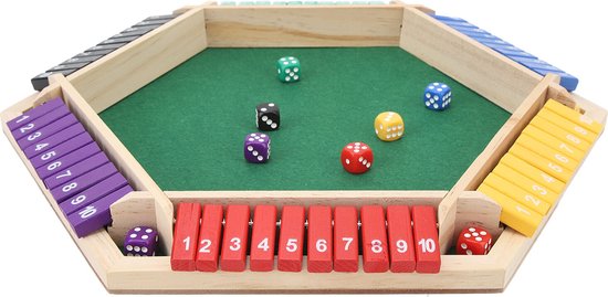 Houten shut the box spel met groen speelveld. Zijkanten met paarse, blauwe, gele, rode, zwarte en groene schuifjes genummerd 1-10. Zes dobbelstenen.