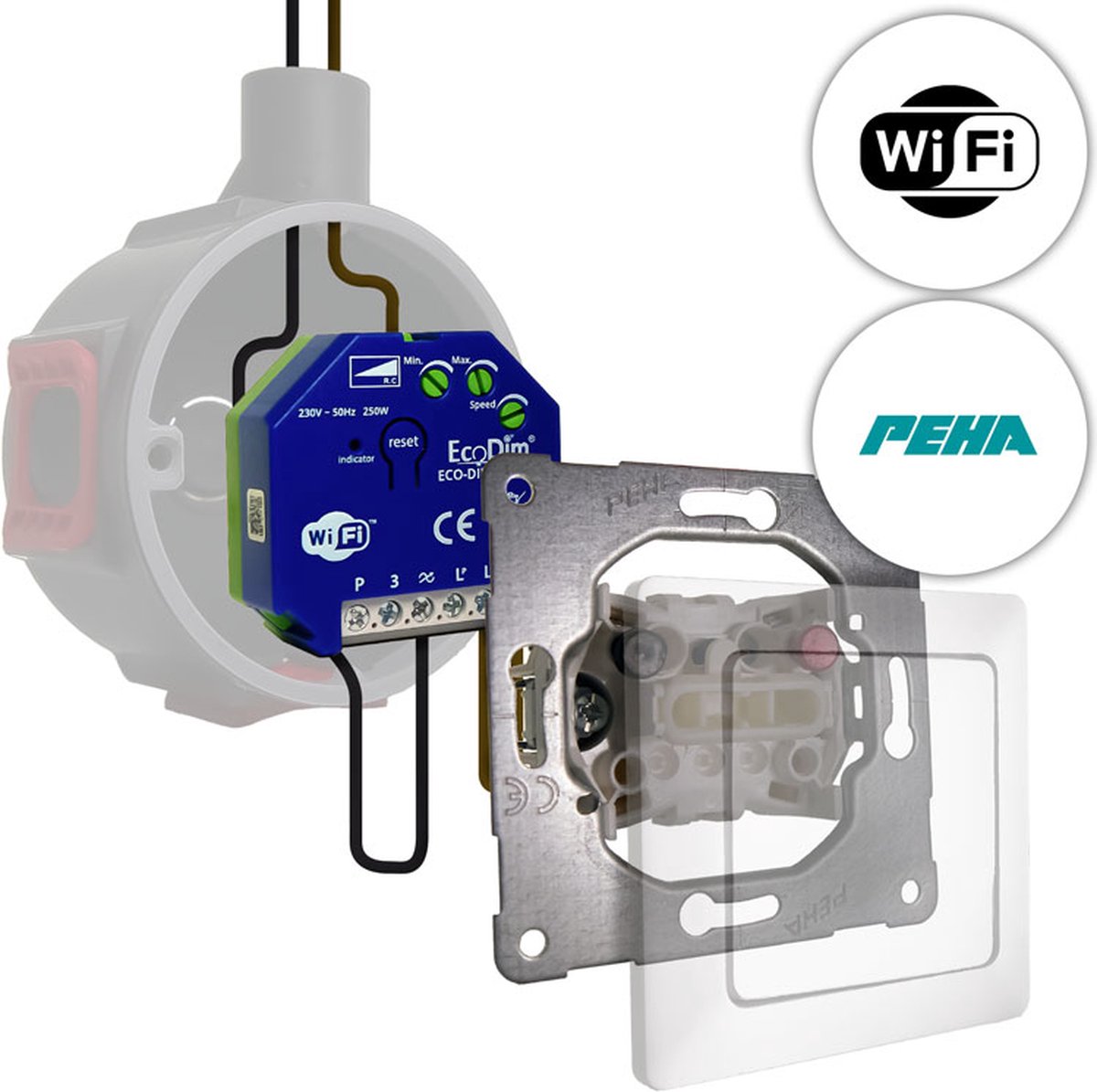 PEHA led tastdimmer WiFi 0-200W, inbouw, kleine inbouwdiepte, 2-draads en 3-draads, ECO-DIM.10 + PEHA pulsdrukker
